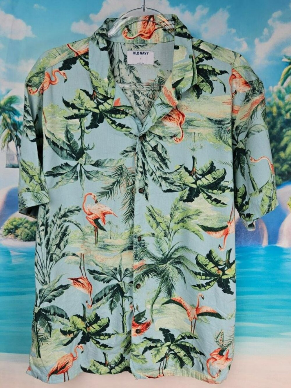 Old Navy Flamingo Print Shirt Mens L Hawaiian Vacation Casual Camp Collar